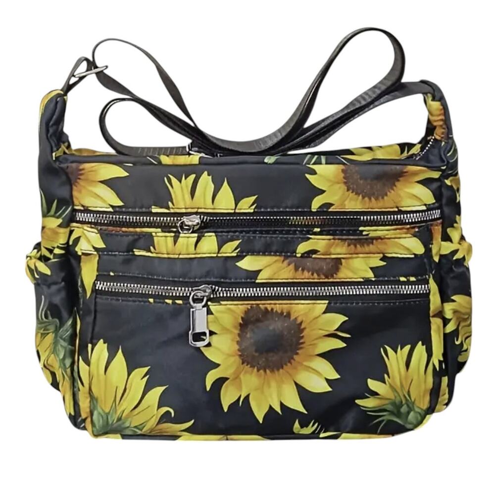 Sunflower Crossbody Bag Black Floral Purse Multi Pocket Nylon Adjustable Strap
